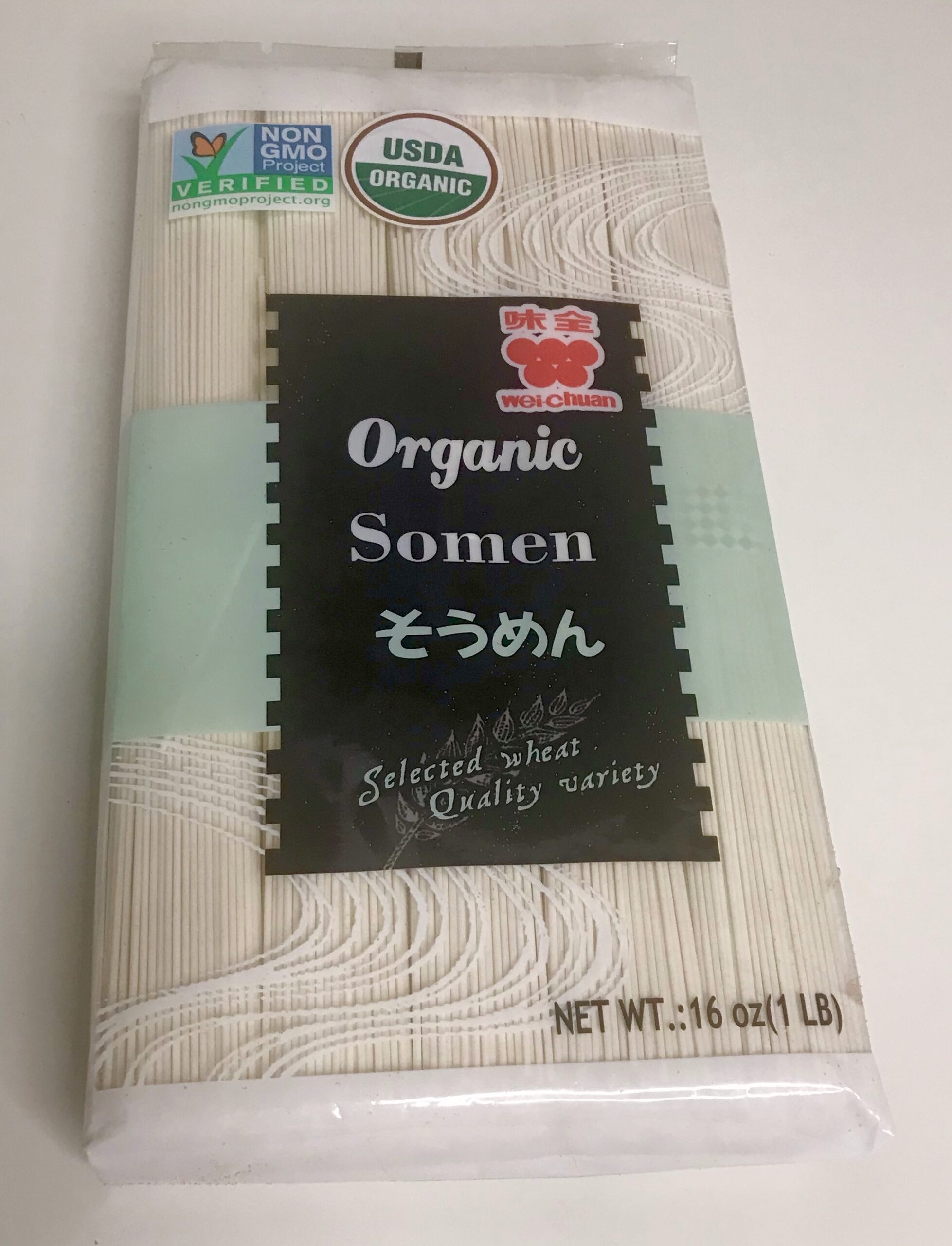 Unopened package of organic soba noodles.
